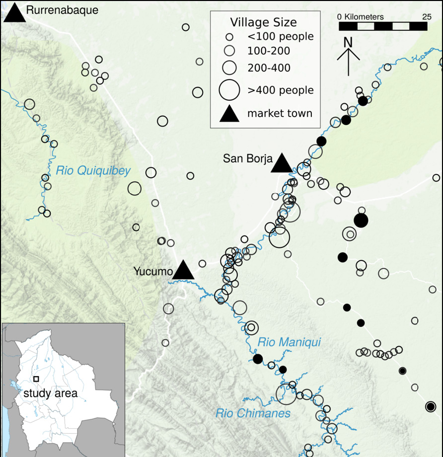A map of the Tsimane territory shows all the study villages, and in relation to local towns