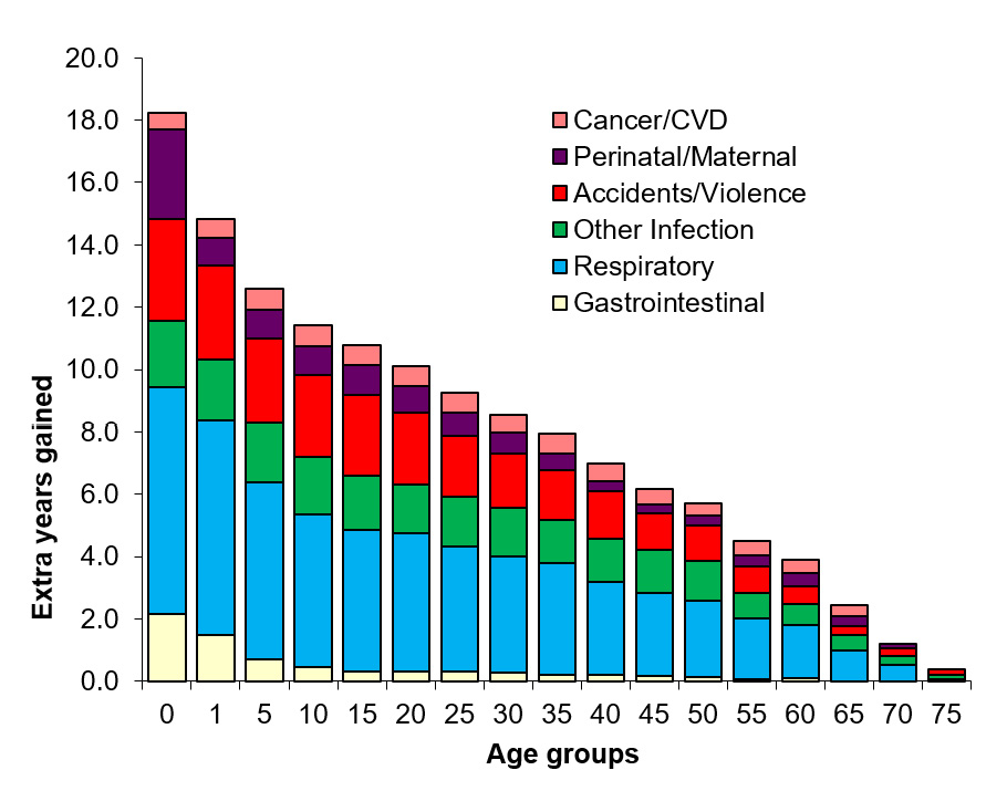 Graph shows the effect of eliminating each cause of death on life expectancy. Biggest boost in life expectancy comes from eliminating respiratory infections.