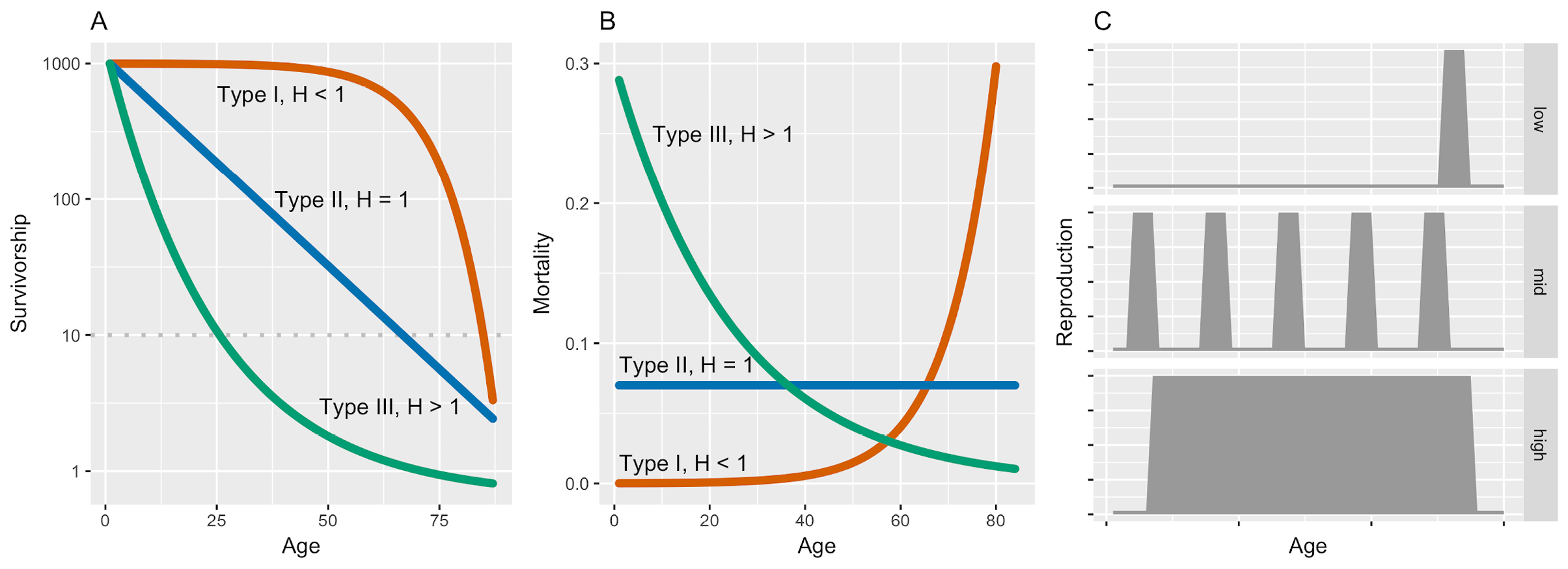 A three-panel figure. Panel A: Graph of three types of survivorship curves with differing life table entropy. Panel B: Mortality trajectories corresponding to survivorship curves in Panel A. Panel C: Graph illustrating the relationship between degree of iteroparity and Demetrius’ evolutionary entropy.