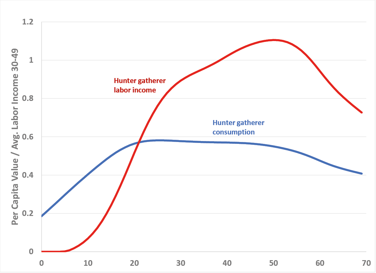 Figure 1 displays age profiles of caloric production and consumption by age, averaged for the Ache, Piro, Machiguenga and !Kung (Kaplan 1994; Howell 2010), with males and females combined. Production first equals consumption around age 20, and production continues to rise until a peak around age 50. People continue to produce substantially more than they consume, on average, through to the last ages observed (age 65). The sample of the Tsimane group has more observations at higher ages, and net production is still positive at age 80 (Hooper et al, 2015, Figure 1(a)).