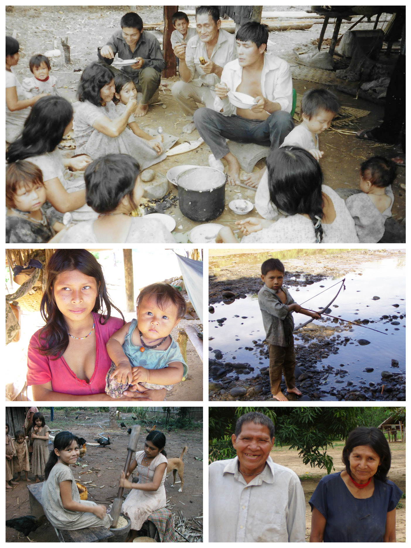 Photos of Tsimane social life: an extended family eating out of a common pot, a young mother with her infant, an 8-year old boy fishing with bow and arrow, two teenagers take turns pounding rice; Tsimane grandparents