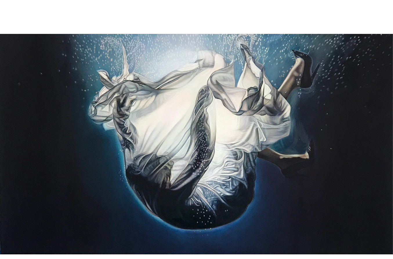 Painting of a person after falling backwards into a body of water. The figure is surrounded by a bubbles and white fabric that is lit from the other side. The person is wearing black heals.
