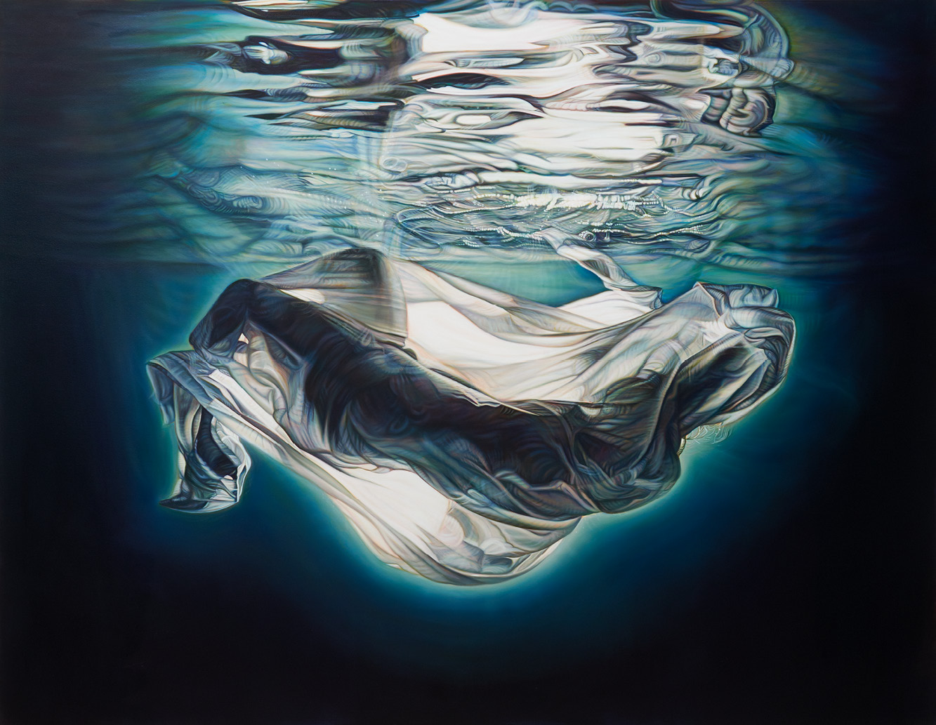 Painting of a person floating in a body of water. The figure is surrounded by a bubbles and white fabric that is lit from the other side. The person is wearing black heals. There is a reflection of the waters surface above the figure.