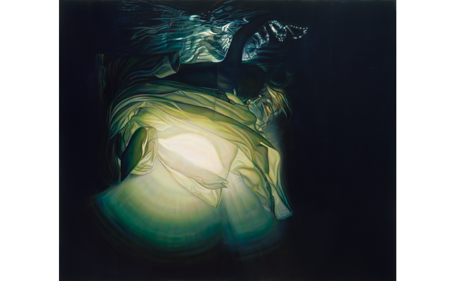 Painting of a person after floating into a body of water. The foreground of the image shows a white fabric floating with a figureswimming toward the surface of the water. There is a spotlight in the white fabric.