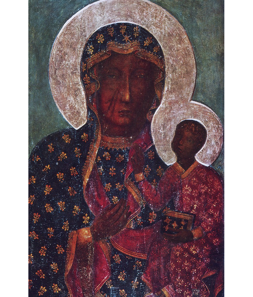 Painting of the Black Modona: Mother and child figures dressed in red and black gowns with hold halos above their heads.