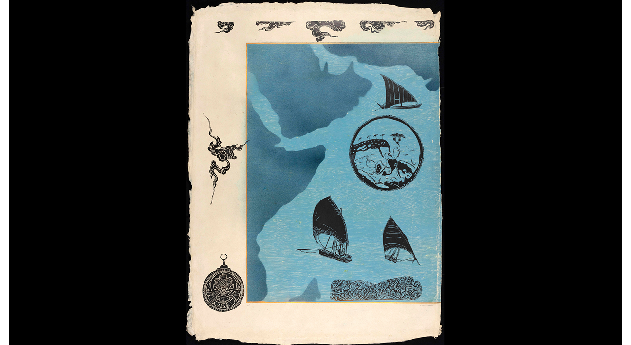 A large print on wasli paper, three quarters of the border includes clouds while a blue ocean holds ancient wooden sailboats and a map of the world from the 11th Century.
