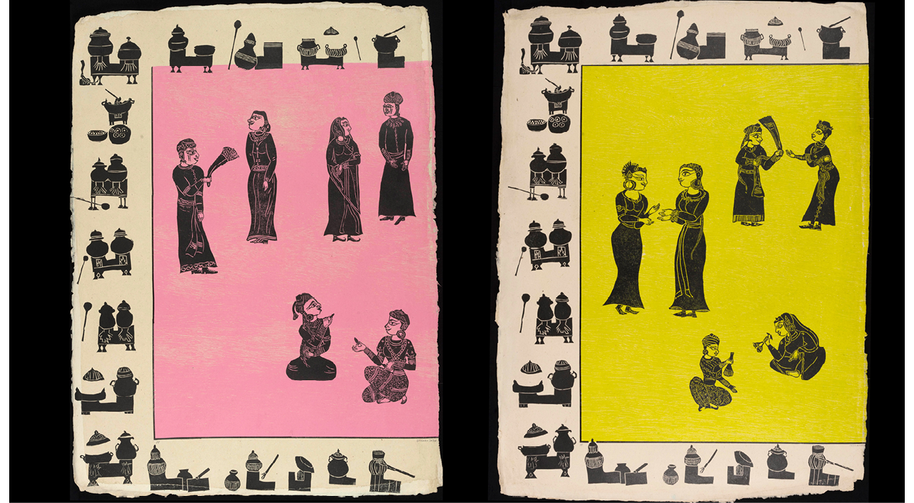 Two large prints on wasli paper, each different colors. Each centers three pairs of femmes engaged in various pleasurable interactions: eating, talking, in nature. Three quarters of the border are various ovens with pots cooking on top.