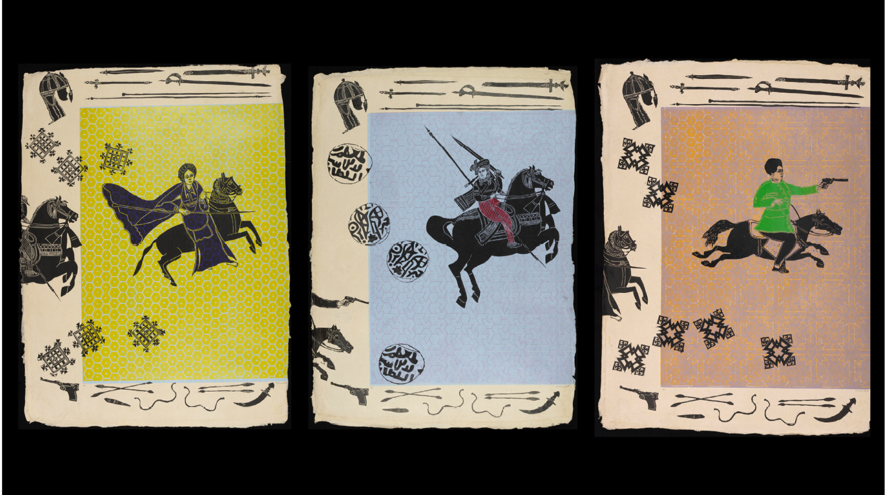 Three large prints on wasli paper, each with an individual shero engaged in a call to arms, vigilant defiance, while riding upon a horse in motion while breaking patterns and borders. Patterns and colors of each of the three individuals are specific to their places of origin. Along three quarters of the border are various weapons