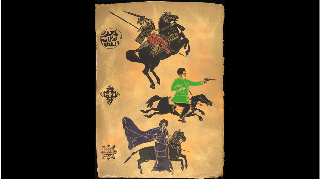 A large print on wasli paper, golden metallic background with three sheroes with weapons riding on horses, unbordered.
