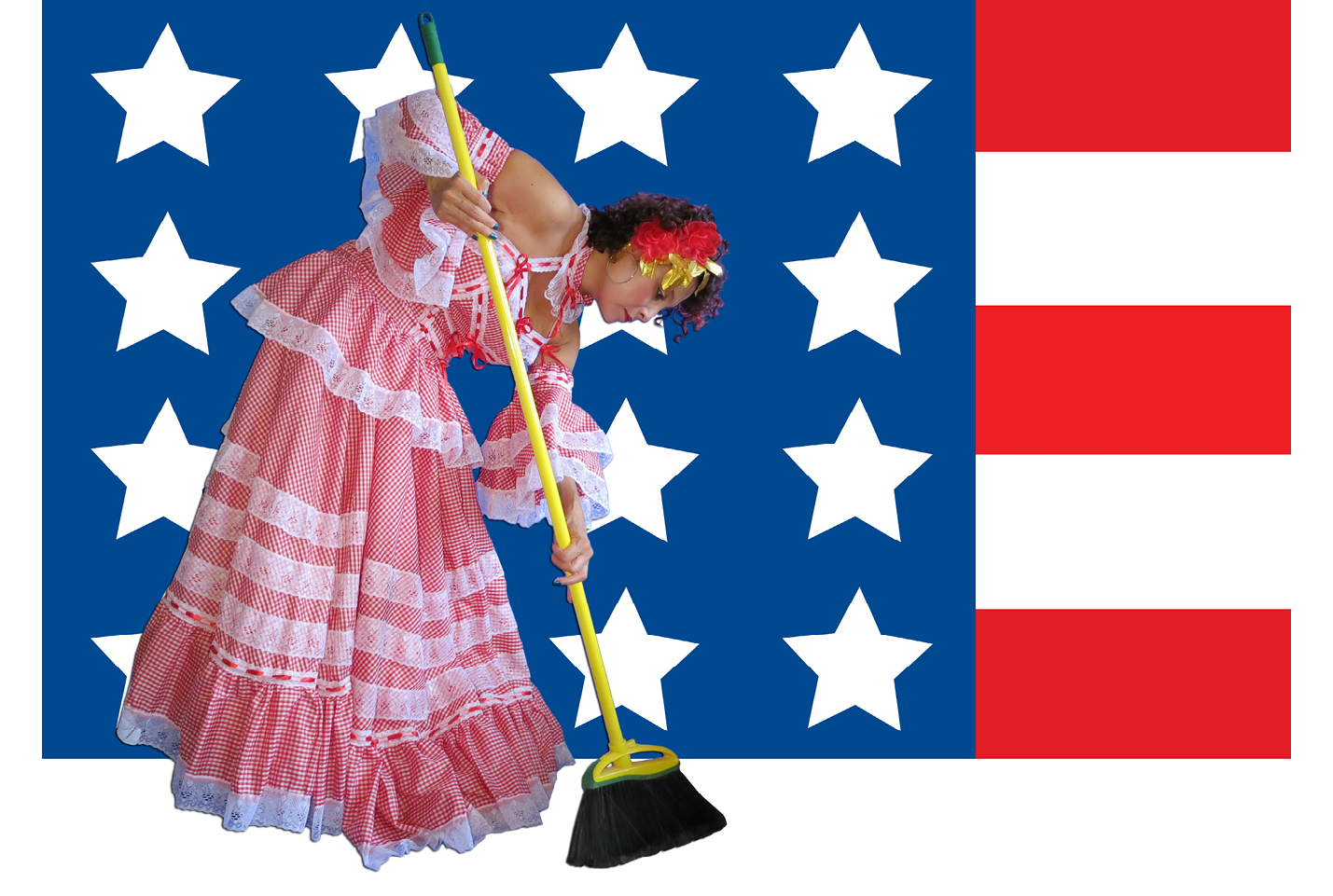 Promotional image for the performance piece Maid in the USA, displays a woman wearing a traditional Cumbia dress while sweeping in front of the US flag.