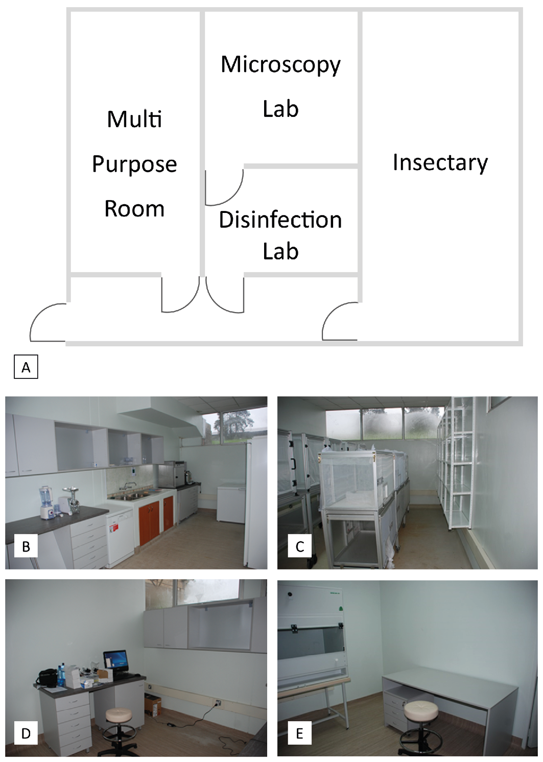 One plan drawing and four facility photographs describe the layout and equipment for the medicinal maggot production and biotherapy research laboratory established at KARI in Kenya.