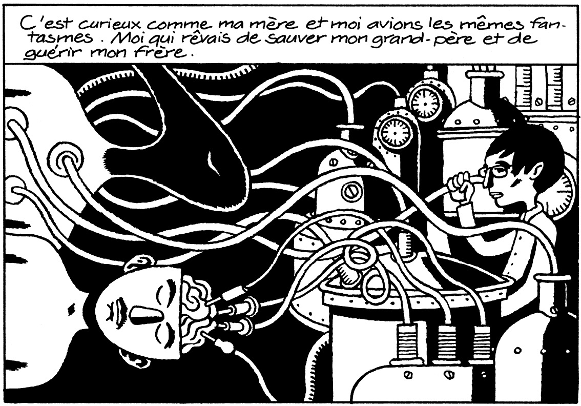 To the left, David's brother and another patient with a bird-shaped head are drawn horizontally, as if they are lying down. Tubes and wires connect the bird-man's torso and David's brother's open brain to machines. To the right, David is drawn as a scientist surrounded by machines. He is listening to his brother's brain through a tube.