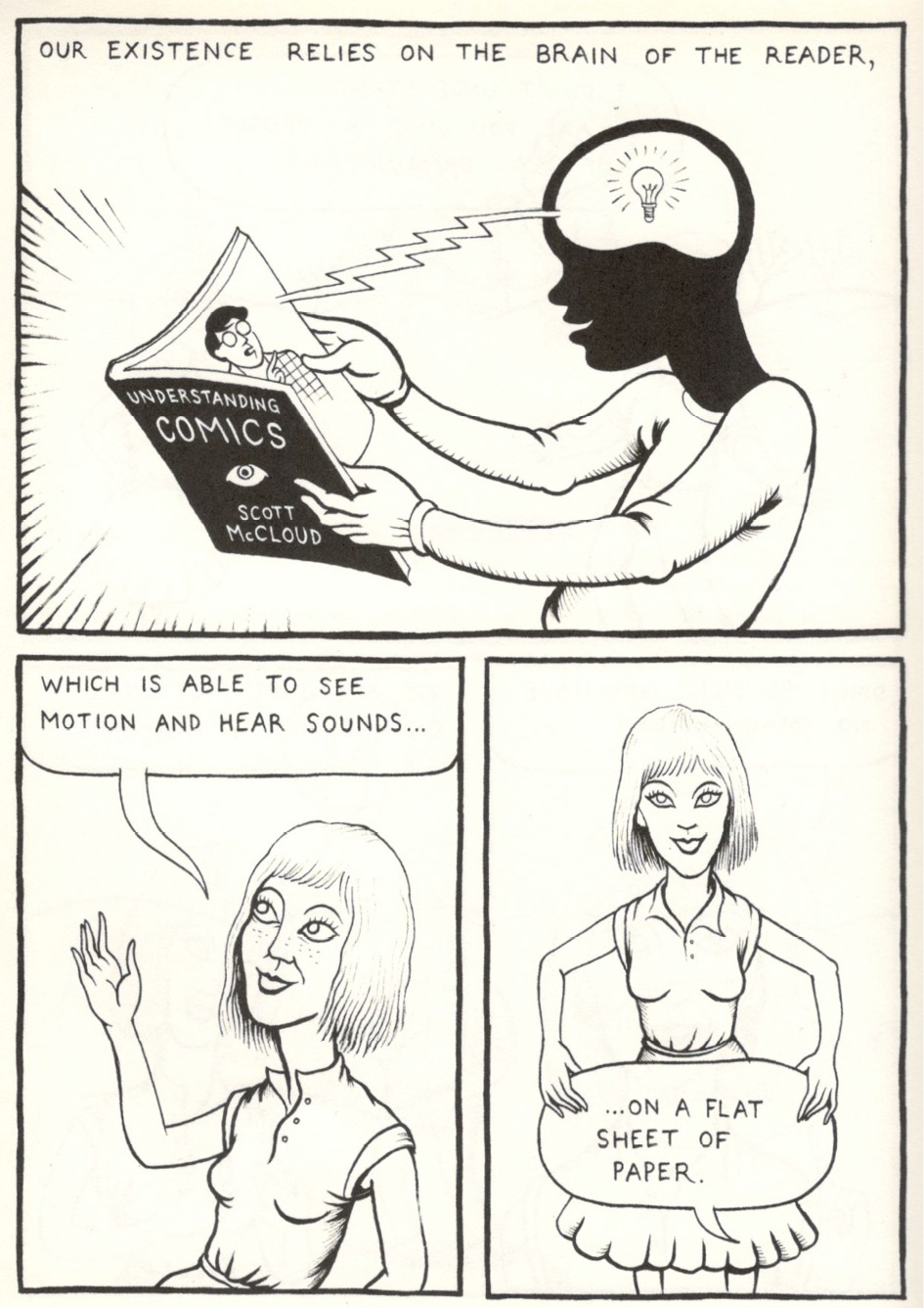 This page contains three panels. In the top panel, a reader holds a book called ""Understanding Comics"": a lightbulb lights up in their brain. A caption reads: ""Our existence relies on the brain of the reader..."". In the bottom panels, the rest of this sentence appears in speech bubles that are first spoken, then held in her hands by a woman. They read: ""which is able to see motions and hear sounds""... ""on a flat sheet of paper.