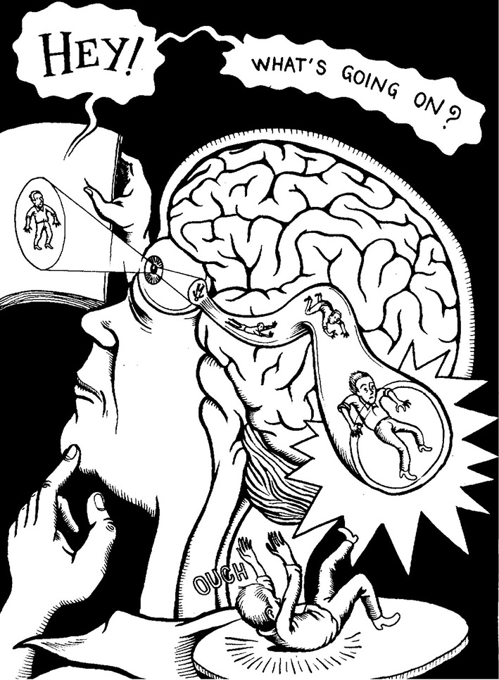 A human head with a detailed brain fills most of the frame. The figure is holding a book: their line of sight is drawn like the beam of light from a projector, lighting up a small man on the page. The man on the page is saying 'Hey! What's going on?'. He is also drawn upside down on the retina of the viewer, and then sliding down a tube that leads from the retina, through the brain, out onto a platform at the base of the brain. He says 'ouch' as he lands on this platform.