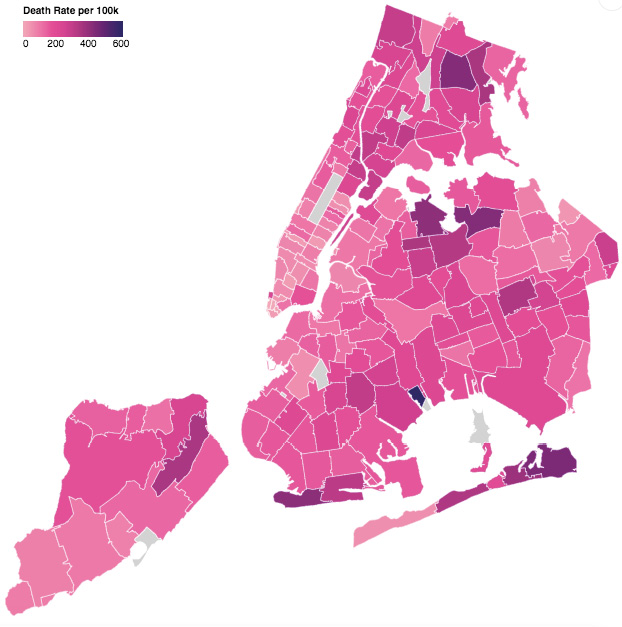 A map of New York shows the death rates of different zip codes in different shades of pink.