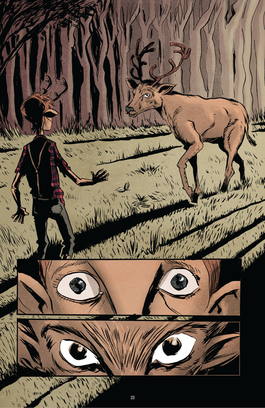 This panel shows Gus encountering a deer in the forest. Two inset panels show their eyes in close-up: the two faces are almost identical, with only fur and slight differences in physionomy distinguishing the deer from Gus.