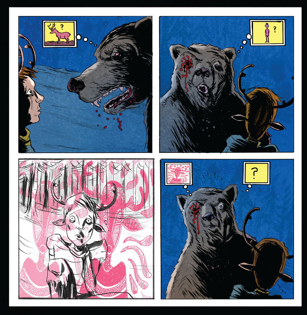 Four panels picture an encounter between Gus and a bear from the bear's point of view. Pictograms convey the bear's impressions in thought bubbles: he first wonders if this is a human, then if this is an animal. In the third panel, he sees the ghostly shape of the god Tekkeitsertok on either side of Gus. In the final panel, he wonders if this is a god.