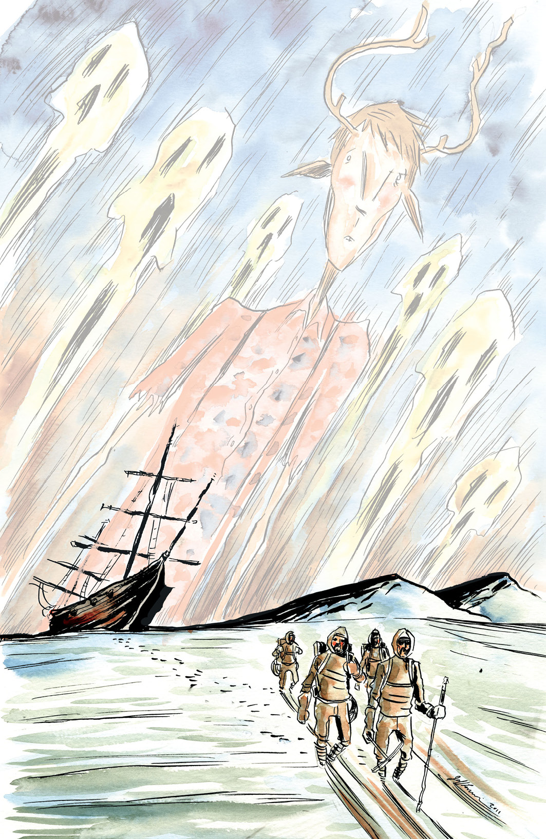 In this panel the expedition are crossing the ice, leaving the boat behind them. In the sky behind them, a giant image of Gus surrounded by skulls stretches upwards into the air.