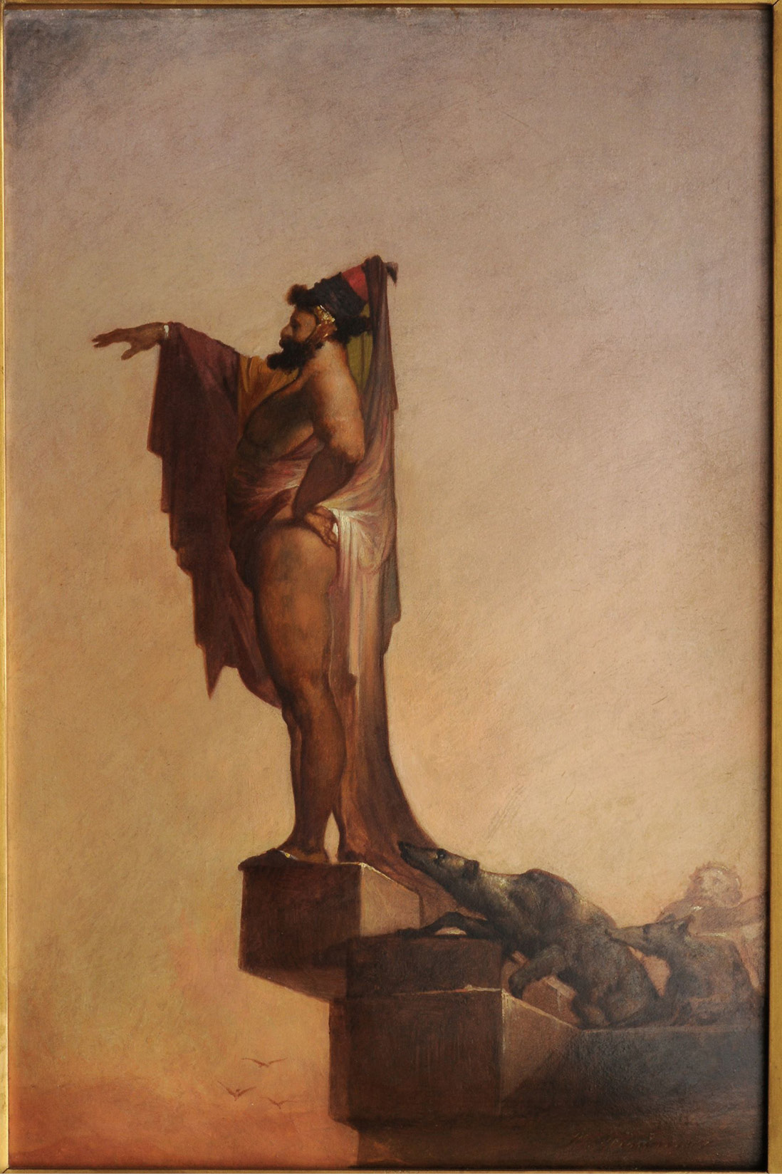 An oil painting of a man standing on the edge of stone blocks dressed in silky swaths of fabric. With one arm on his hip, the other points ahead of him. Underneath the figure, two grey hunting dogs point their long noses up towards him, and a man wearing a crown in the lower right corner cowers away.