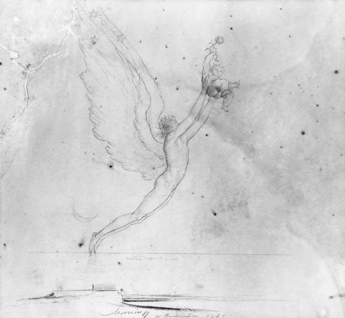 A graphite and crayon drawing of a winged, nude, youthful figure, lifting up a child who is holding a sunflower. Below the figures is a crescent moon, the horizon of a calm sea, and on land, a temple in a classical style with columades.