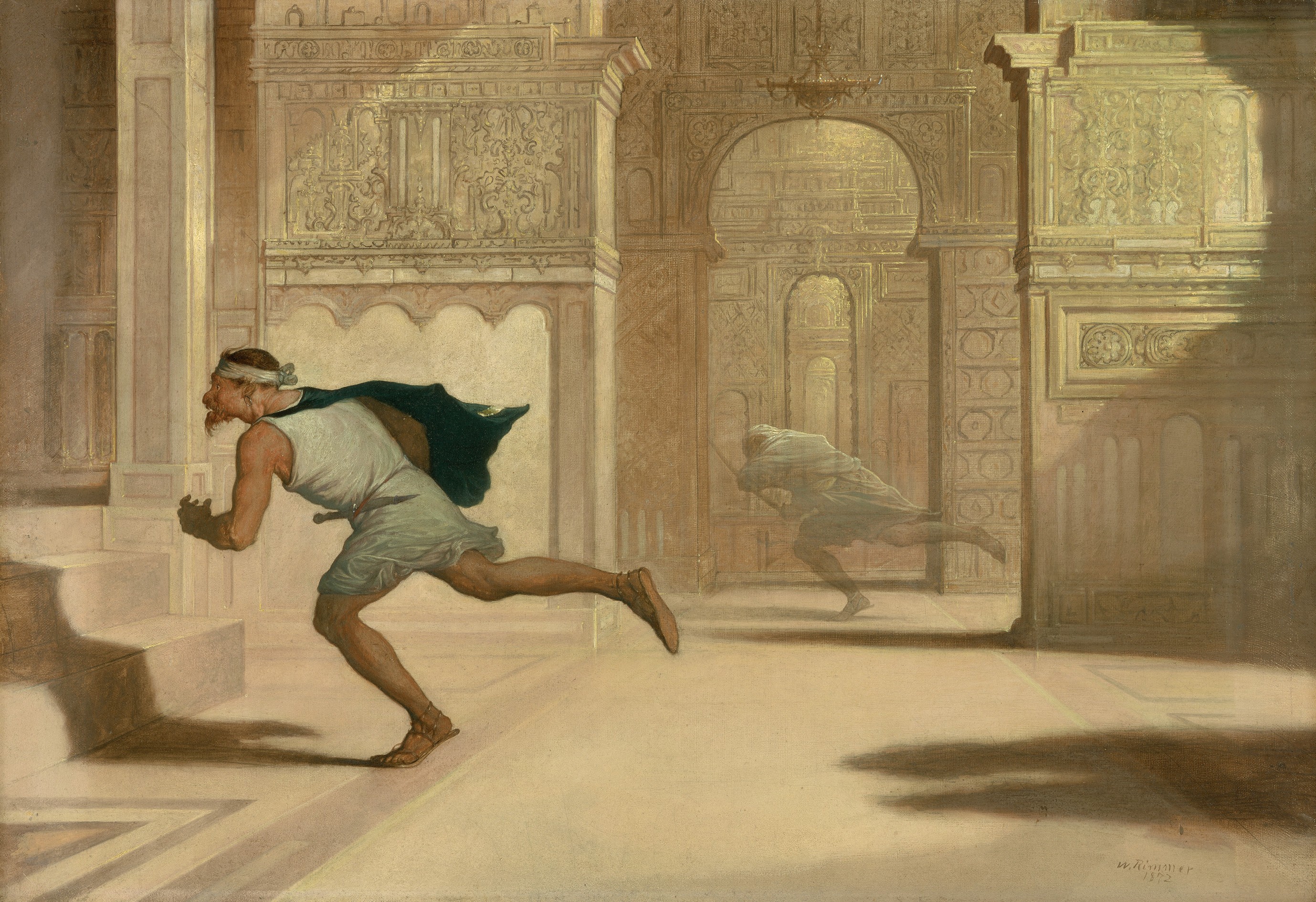 An oil painting of a place interior with Middle Eastern architecture. A man in the foreground wearing a dagger at his waist runs towards stairs while a translucently painted figure runs parallel to him in the background, holding a saber.