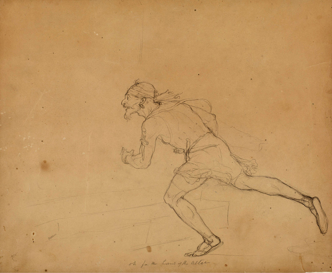 A pencil drawing of a man running, wearing a headscarf, an earring and holds two daggers; one in an armband, and one on his waistband. An inscription below the drawing reads, 'Oh, for the horns of the altar'.