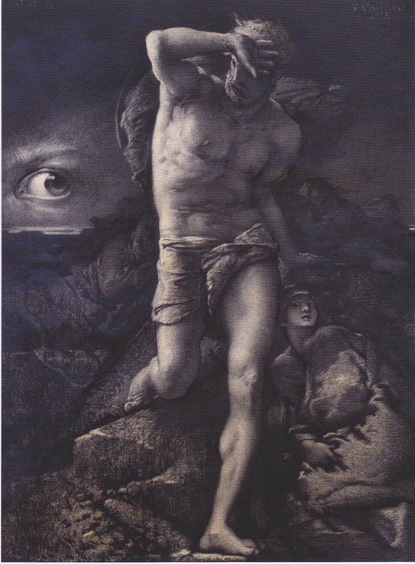 A charcoal drawing of man, wearing a loincloth, leaning with one hand on the rock behind him. The other hand he holds up to his face, shielding himself from the large, singular, open human eye which is painted in the sky. A smaller figure crouches below him, wide-eyed and scared.