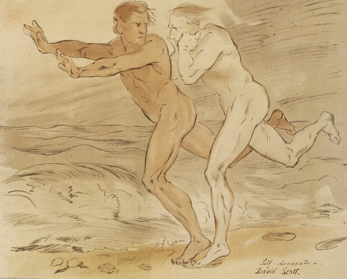 A lithograph of two nude men running along a shoreline. The man in front with a darker skin tone, stretches his arms out in front of him while looking at the man running beside him.