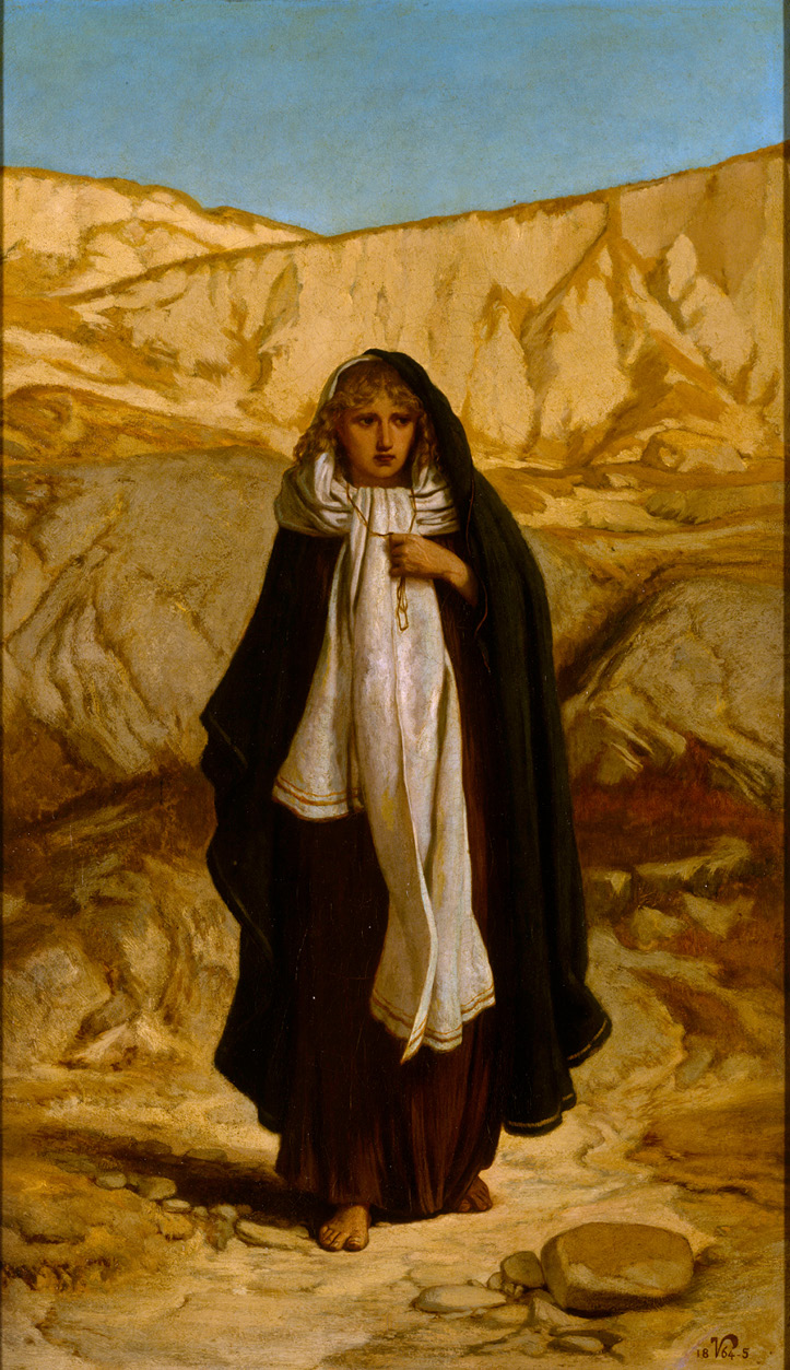 An oil painting of a young woman with blond curly hair, heavily robed, holding a necklace in her hand. She is barefoot and walking through a rocky, desert terrain.