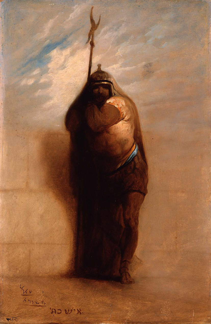 An oil painting of a male figure standing upright, holding onto a pole. Behind him is a wall built out of large stones, and in the background, a blue cloudy sky to slowly turning pink.