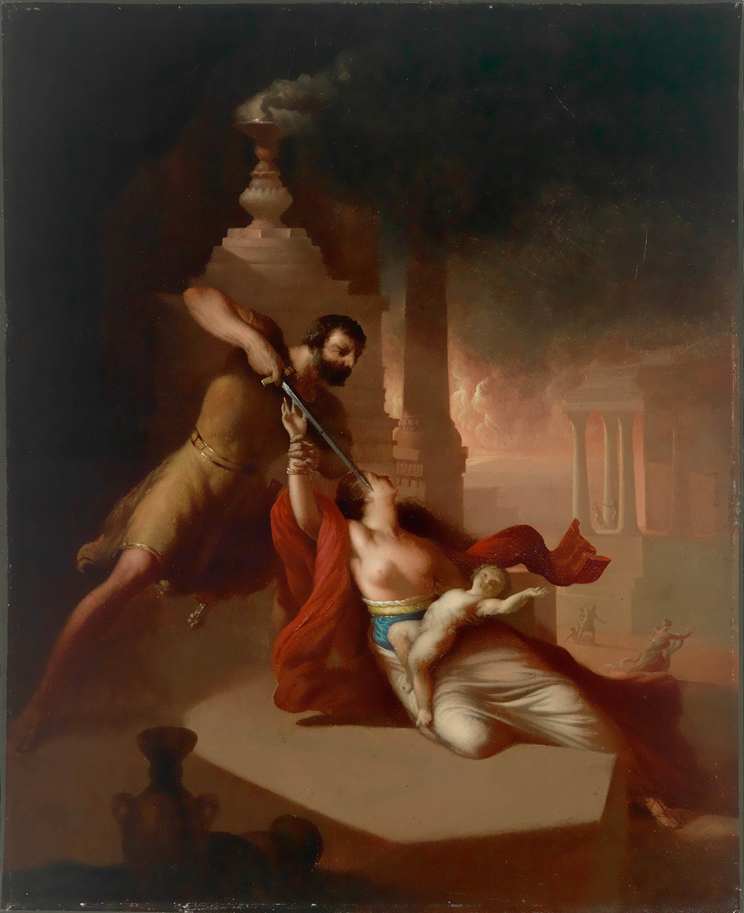An oil painting of a young child held in its mother's arms, about to be killed by a sword poised by a male figure above them. He holds the mother's wrist while she turns away, bare-breasted, with red fabric twisted around her shoulders. In the background is an incense burning altar and other temple structures as well as scenes of other infants being captured.