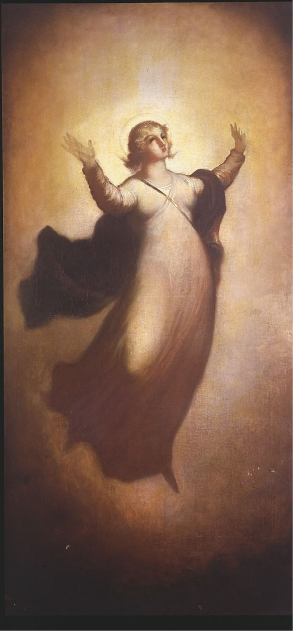 An oil painting of a female figure with blonde curly hair and a long white dress, floating in a lit-up space. Her hands and eyes are raised while a golden halo surrounds the top of her head.