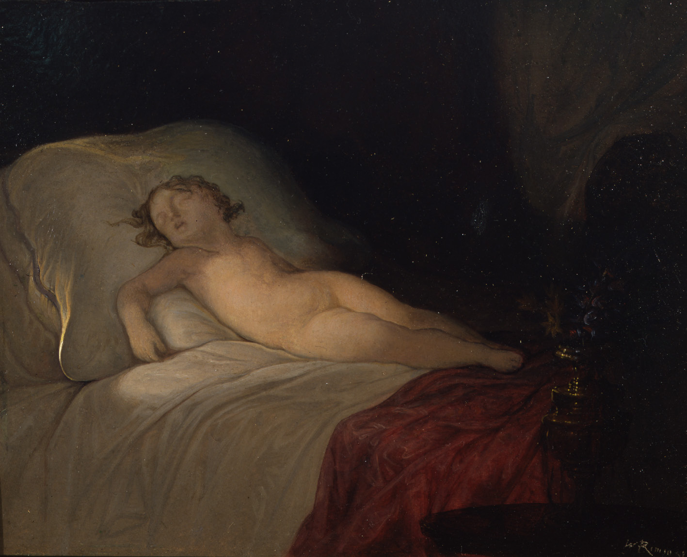 An oil painting of a young, nude, child sleeping atop a bed with a large white pillow. A patch of light is centred on the middle of her body while the background is dark, and at the foot of the bed are flowers on a table.