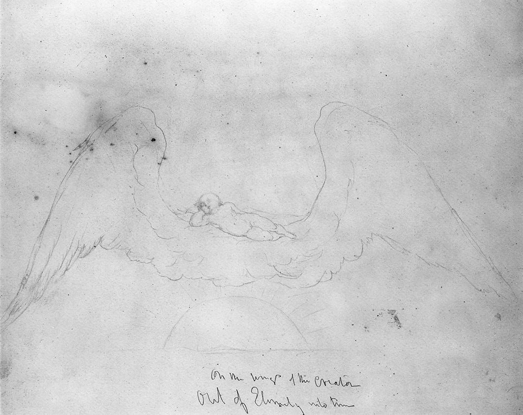A chalk and pencil drawing of a nude, sleeping infant lying in the centre of a large set of feathered wings, spread out over a rising sun. The inscription below the drawing reads, 'On the wings of the creator, out of eternity into time'.
