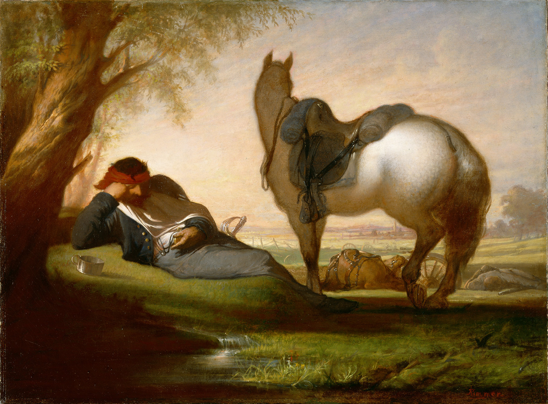 An oil painting of a soldier resting on a grassy slope with a stream ahead of him. Across his forehead is a red bandage and held in his hand is a painted miniature which he looks at while resting his head on his hand. His horse stands behind him looking out onto a countryside scene scattered with dead horses and dead cavalrymen.