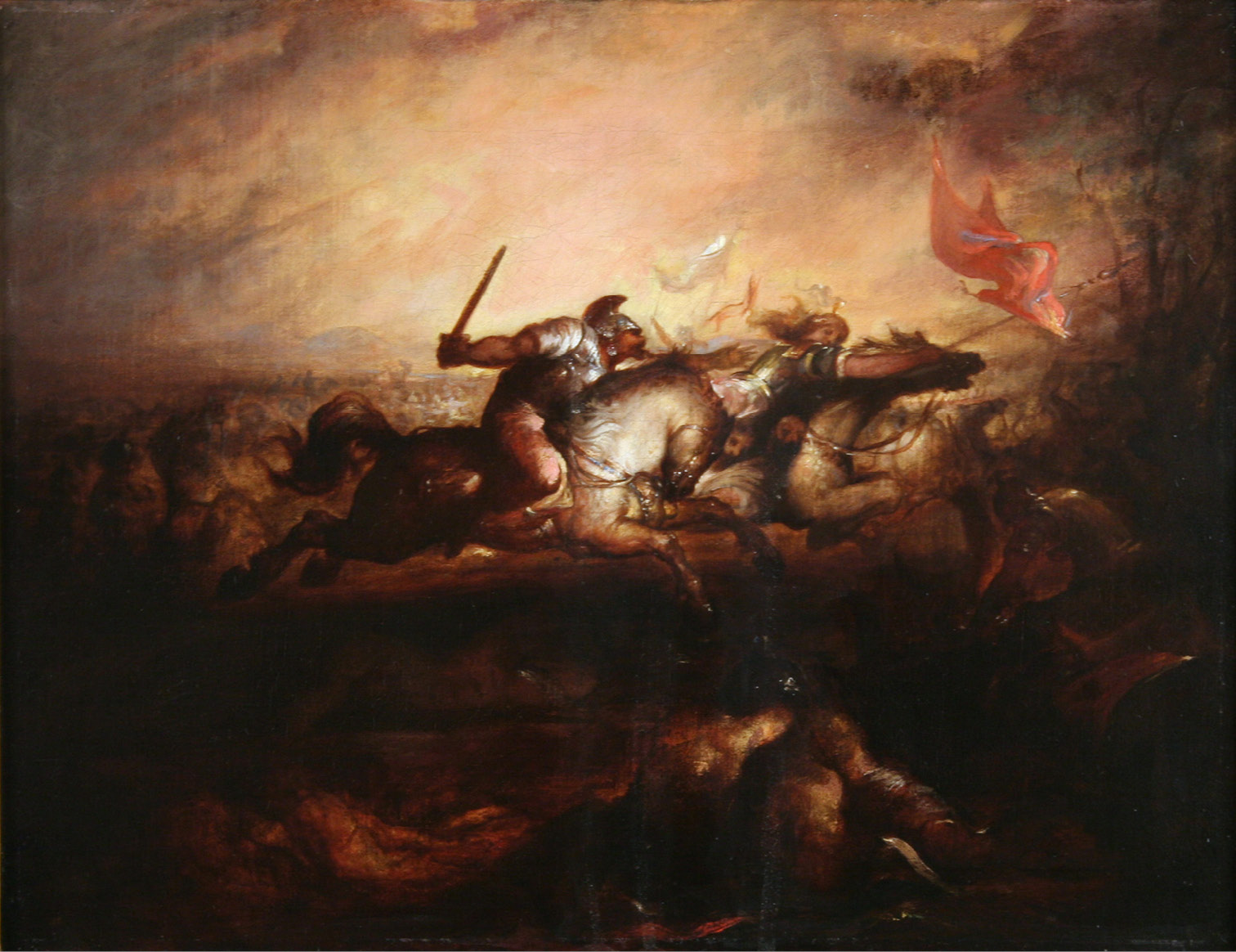 An oil painting of a battle scene with crowds of soldiers and horses in the background. In the foreground are two figures mounted on horses; a male soldier wearing a helmet and raising a sword chases the woman ahead of him who turns behind to look at him.