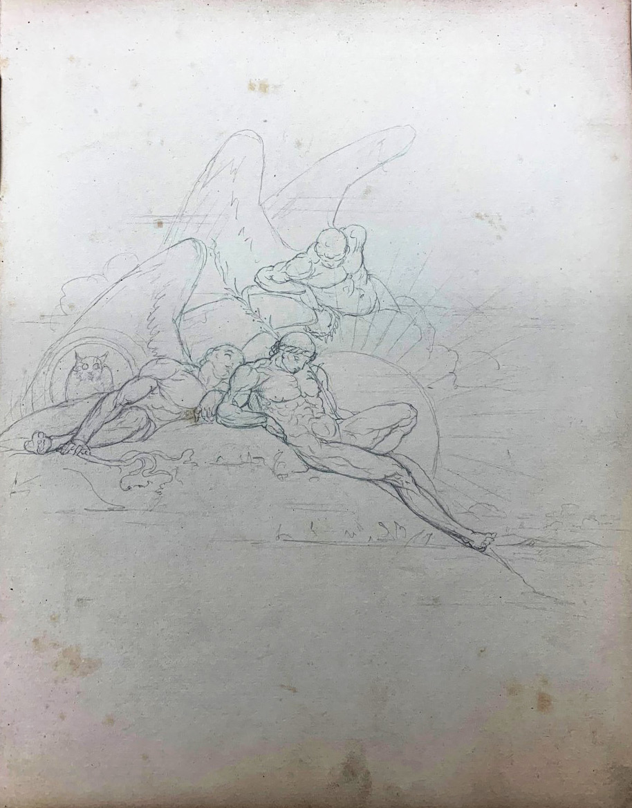 A graphite drawing of three male figures, nude amongst clouds and the sun. Two of the figures are winged and to the left of the drawing is a small owl in an arch shaped structure.