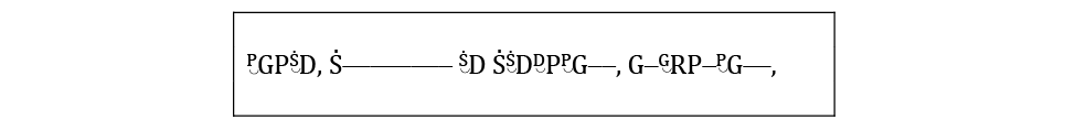 Notation of the audio example. Pitches are indicated using letters, which are abbreviations of sargam note names. An extended horizontal line after a note name indicates the relative duration of the pitch in question. Small, superscripted letters indicate the ornament kaṇ, as discussed in the text.