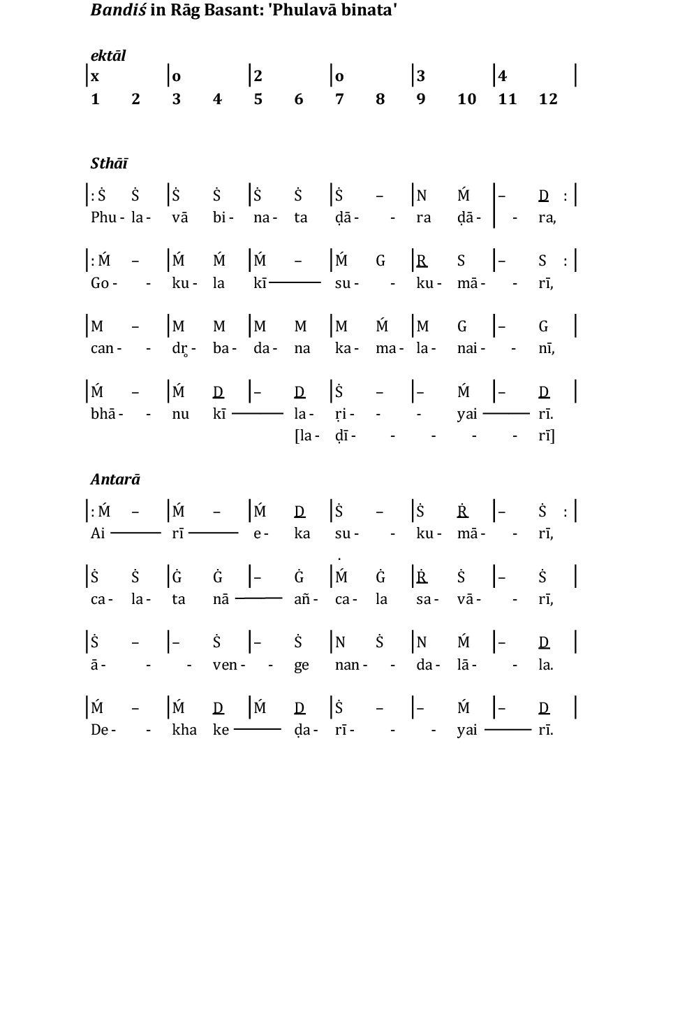 Notation of the song 'Phulavā binata' in Rāg Basant. The song is heard on the audio example, following the opening ālāp; it forms the basis for this second stage of the performance. The song is in ektāl, whose structure is set out at the top of the figure in bold type: twelve beats divided into six groups of two; the clap pattern is shown above the beat numbers. Each line of the notation represents one tāl cycle. The song begins at the beginning of the tāl, on sam. The notes of the song are shown with letters, representing sargam syllables (such as Ṡ-Ṡ-Ṡ Ṡ-Ṡ-Ṡ Ṡ--N Ḿ--Ḏ at the opening). Vertical lines indicate subdivisions (vibhāgs) of the tāl (somewhat like barlines in western notation). The two parts of the song, sthāī and antarā, are indicated with subheadings in bold type.