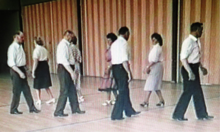 Eight folk dancers from Munsala dancing their minuet (1985). Starting to pass their partners, photograph by Gunnel Biskop after Kim Hahnsson’s film.
