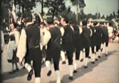 Eighteen folk dancers from Jeppo in traditional costumes dancing their minuet with hopsteps (1977). Screenshot by Gunnel Biskop after Kim Hahnsson’s film.