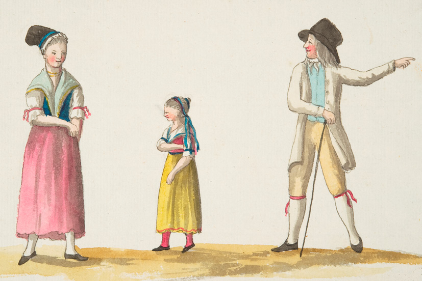 Watercolor by C.P. Elfström. Nyland commoners in their Sunday costumes (c. 1808).