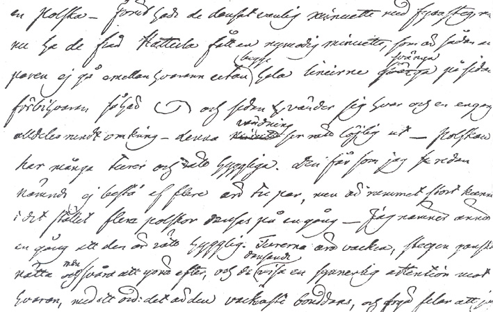 A few lines from Eric Ehrström’s manuscript with the detail about how the two lines of minuet dancers pass each other.