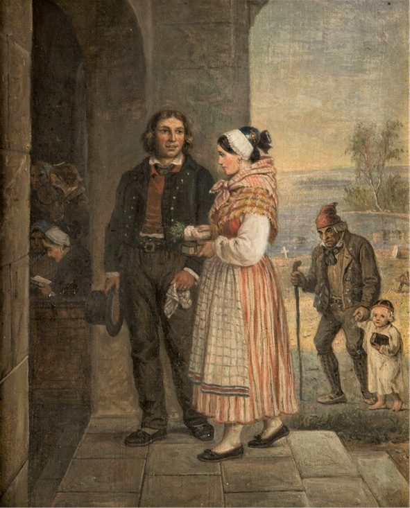 Gouache on paper by R.W. Ekman: Churchgoers (1868). Ordinary people in traditional costumes in Tavastland on their way into the church.