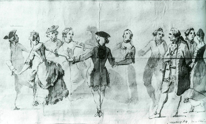Ink drawing by Elias Martin: Dans på Sveaborg (1764). To the left people dancing in a circle, to the right people watching.