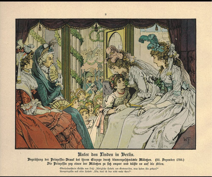 Drawing by Woldemar Friedrich (1896). The bride Princess Luise kisses the forehead of a well-wisher from the people, Countess von Voss is appalled, Princess Friederike on the right will also get married the same day.