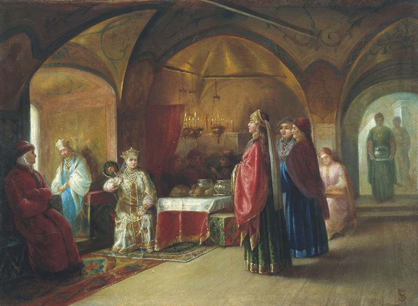 Painting by Mikhail Petrovitch Klodt: Terem of tsarevnas (1878). Terem was a separate living quarter for elite women in imperial Russia, tsarevna was a tsar’s daughter.
