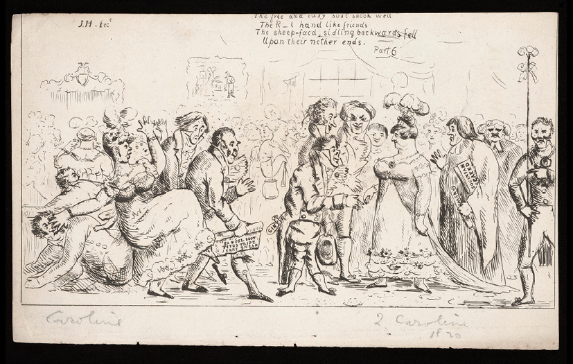 Anonymous satirical etching (c. 1820). Queen Caroline, wife of King George IV, is greeted by people from Marylebone.
