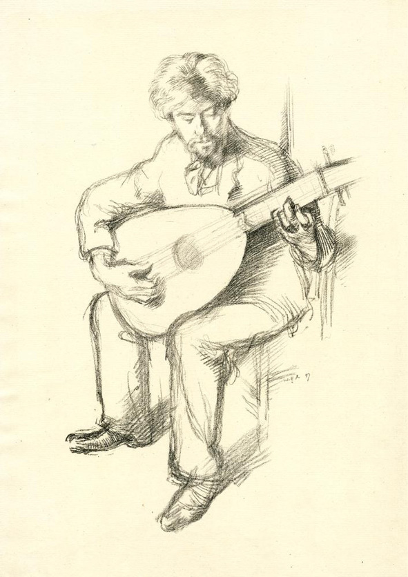 Anonoymous lithograph. Portrait of Arnold Dolmetsch (1897), seated on a chair, looking down at the lute he is playing.