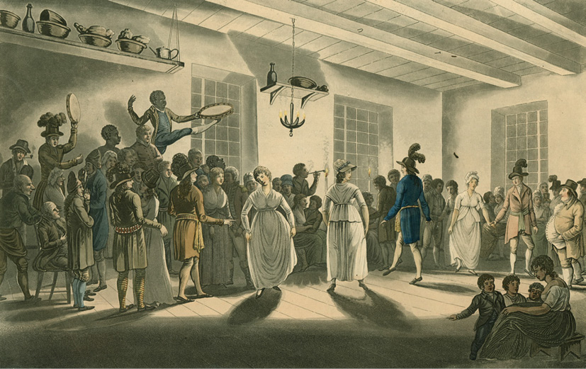 Watercolor by George Henriot: Minuets of the Canadians (1807). People dancing the minuet inside a house, musicians with drums and fiddles.
